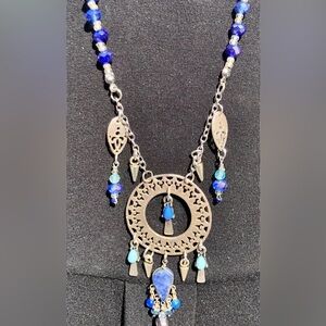 Handcrafted southwestern theme necklace. Silver/blue/turquoise/pearl/sodalite